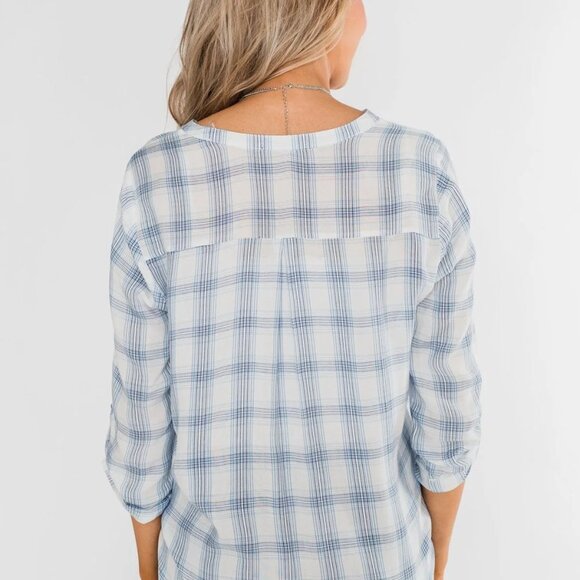 Just In Time Plaid Wrap Top- Blue & White - Picture 7 of 14